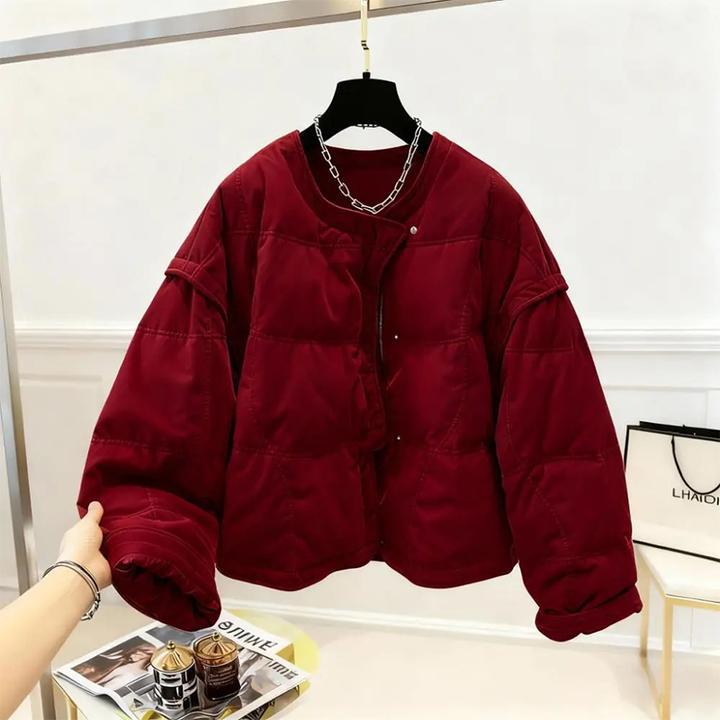 2025冬季新款老钱风酒红色棉服保暖外套拼接时髦通勤小众面包服