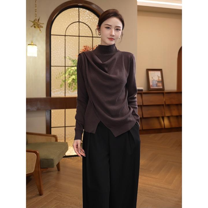 2025年秋冬款【8533】含绵羊毛针织衫垂褶设计感气质百搭咖色毛衣女