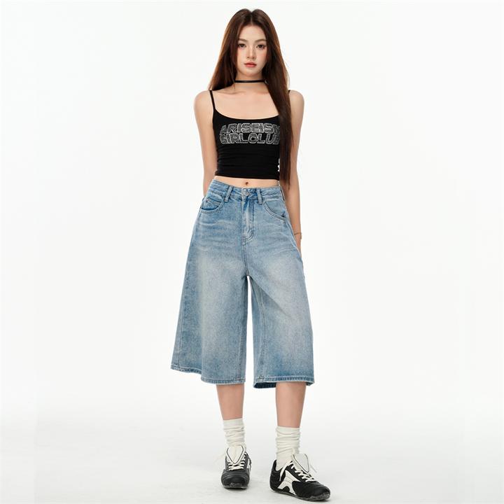 浅蓝色休闲七分牛仔裤女2025夏季新款宽松短裤显瘦百搭阔腿中裤子