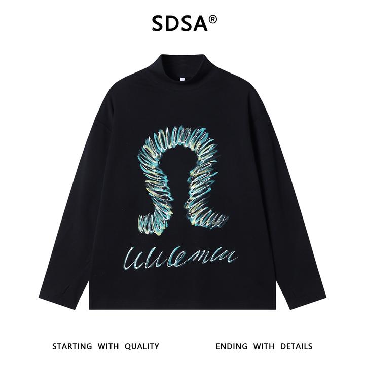 SDSA秋冬新款痞帅男装潮牌撞色涂鸦印花半高领长袖T恤百搭时尚