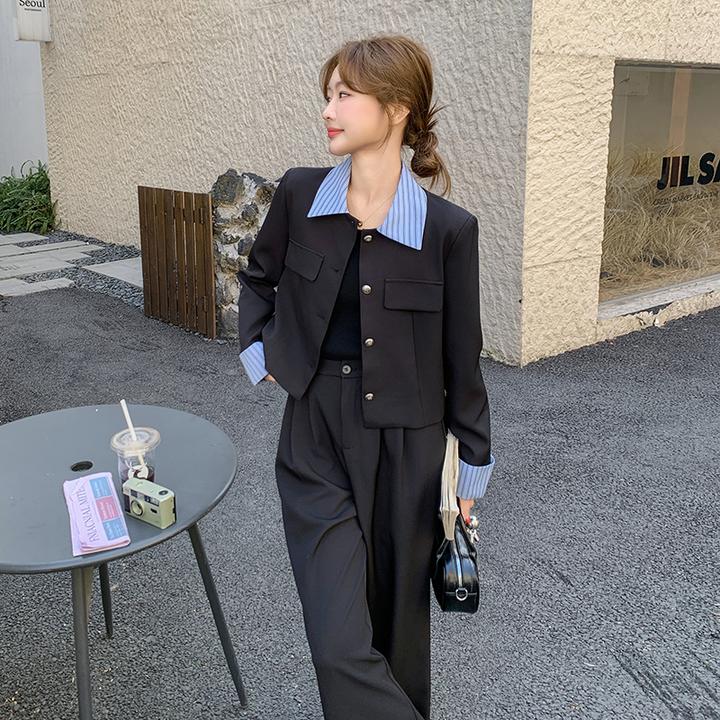 法式轻熟风黑色小香风西服套装女2025春新款气质显瘦阔腿裤两件套