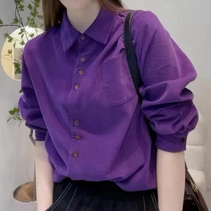 秋冬新款设计感小众宽松百搭别致上衣打底衫香芋紫色灯芯绒衬衫女