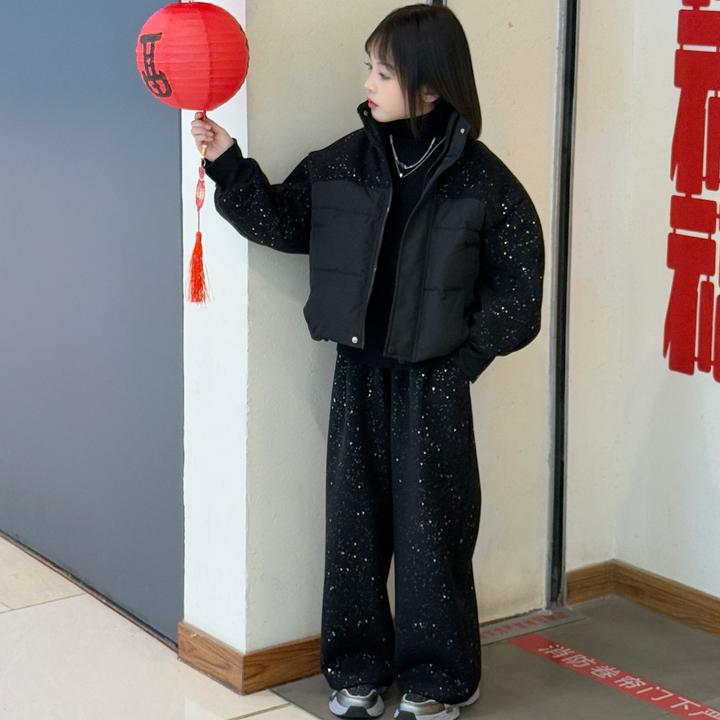 中大童2025冬季新款套装满天星短款毛呢拼接棉服休闲直筒裤两件套