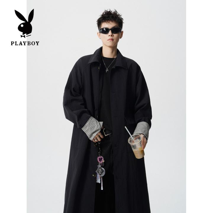 花花公子潮牌休闲长款撞色风衣秋季高级感翻领设计感个性袖口外套