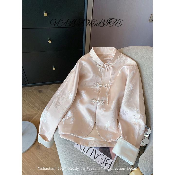 新中式国风提花醋酸立领外套女2025年秋季高级感甜美禅意气质上衣