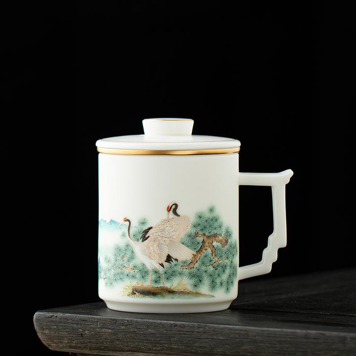高档素烧羊脂玉白瓷描金松鹤延年带盖办公室水杯茶水分离泡茶杯子