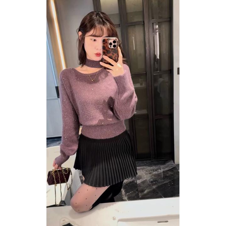 亮片细闪挂脖斜肩羊绒针织衫秋冬女软糯收腰保暖打底衫加厚毛衣