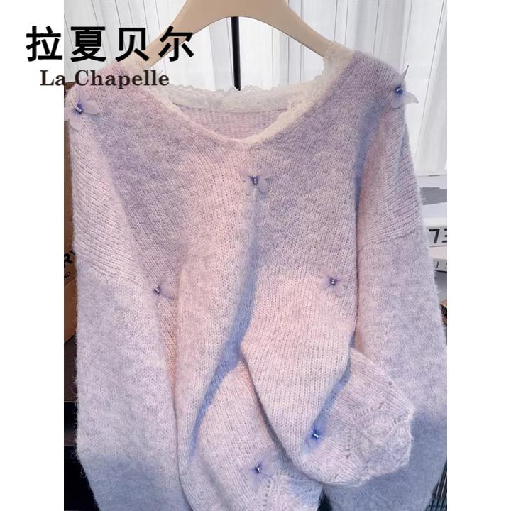 拉夏贝尔紫色蕾丝V领毛衣女秋冬季内搭打底衫韩系慵懒风温柔上衣