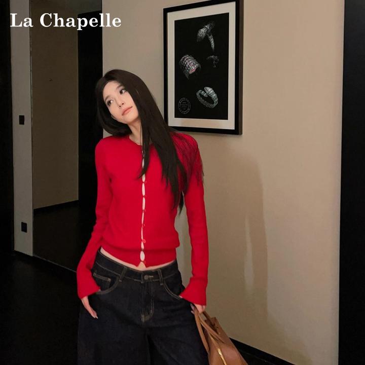拉夏贝尔红色假两件针织修身开衫女春季时尚百搭长袖软糯外搭上衣