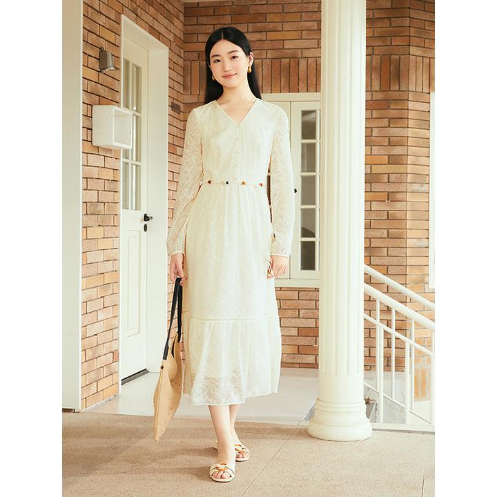 YINER音儿专选2025秋季新款肌理感柔美玉兰花纹连衣裙8C65305206