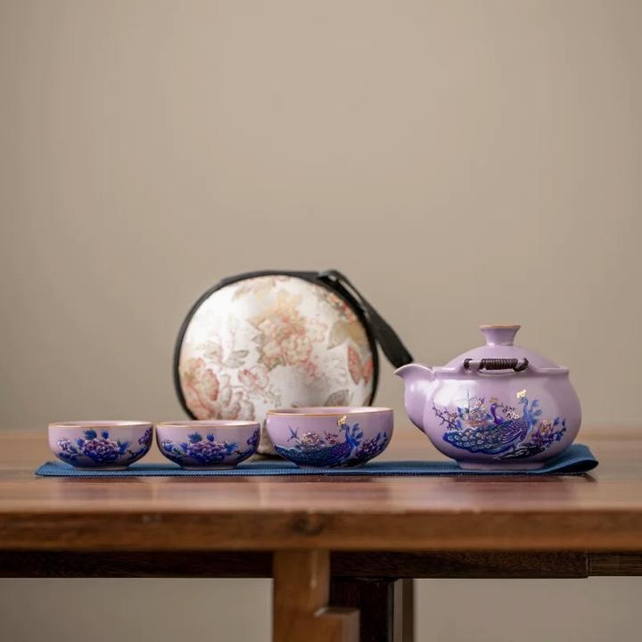 紫色汝窑变色孔雀旅行茶具户外车载便携女性实用手抓壶创意大容量