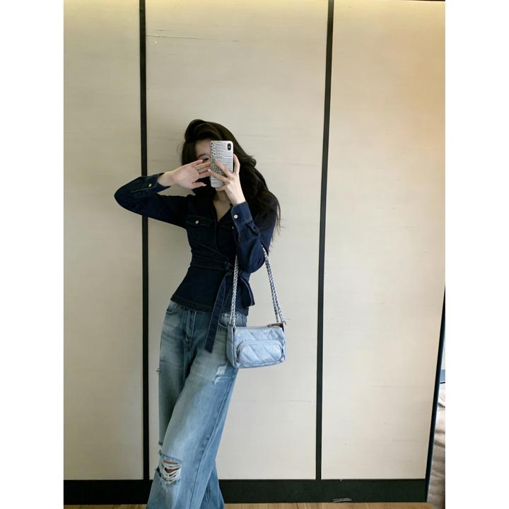 2026春季新款法式翻领牛仔衬衫气质系带收腰显瘦长袖上衣牛仔裤