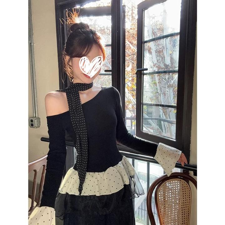 2025春季新款拼接网纱波点斜肩打底衫长袖辣妹修身显瘦纯欲