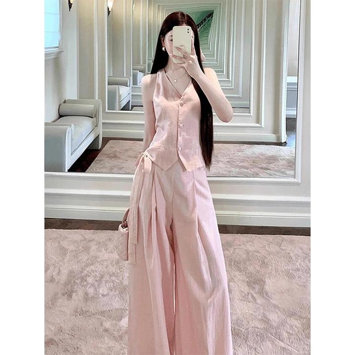 高端亚麻套装女夏季2025新款轻奢高级感粉色马甲老钱风麻料两件套