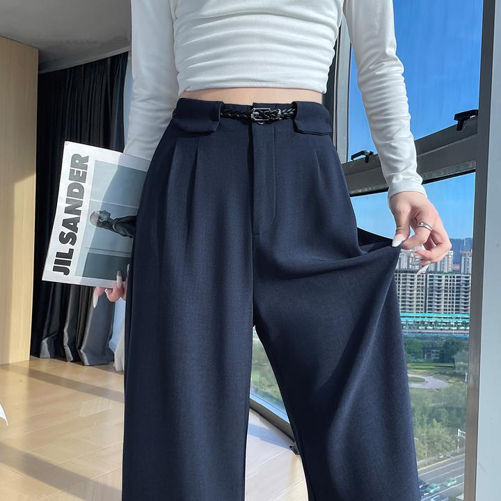 藏蓝色阔腿裤女2025春秋新款高腰垂感显瘦通勤风窄版直筒西装裤子