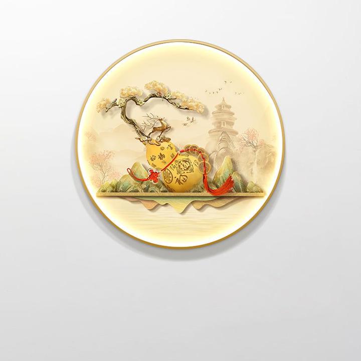 新中式圆形玄关装饰画葫芦禅意茶室壁画灯入户门走廊过道客厅挂画