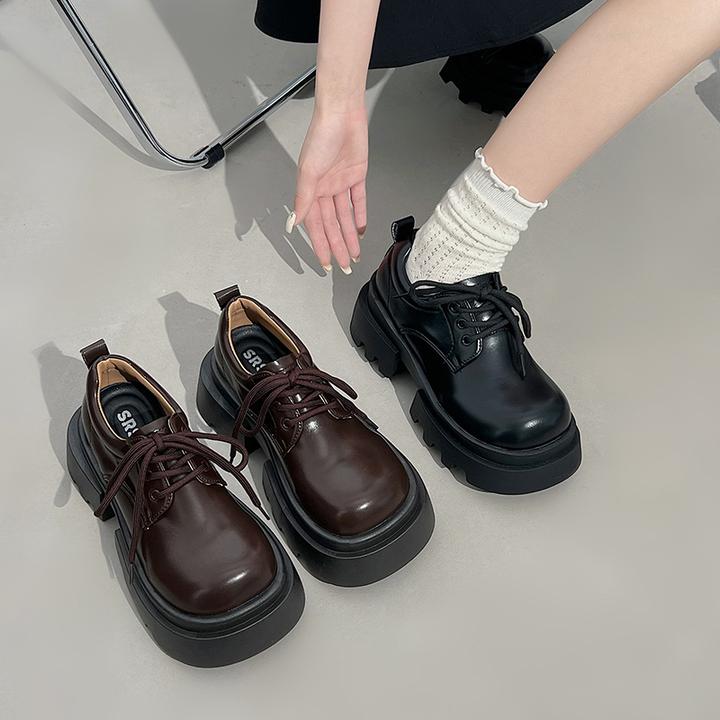 大头英伦风系带小皮鞋女2025春秋季新款百搭厚底增高棕色单鞋甜酷