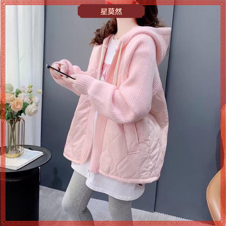 I大码女装胖mm拼接连帽加厚毛衣女秋冬2025新款宽松开衫上衣潮II