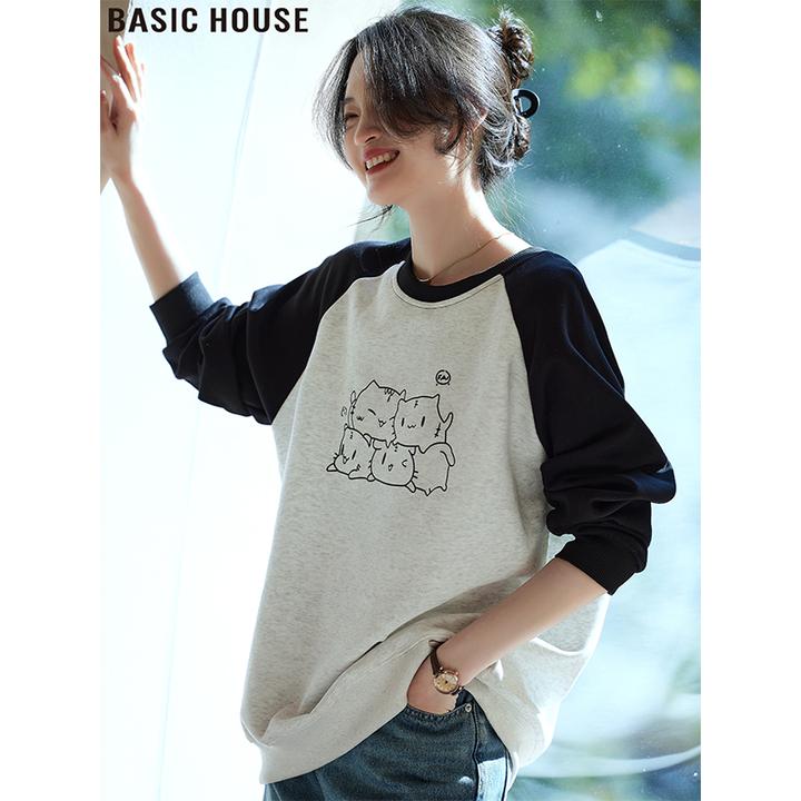 Basic House/百家好撞色拼接圆领长袖卫衣女装2025秋冬插肩袖上衣