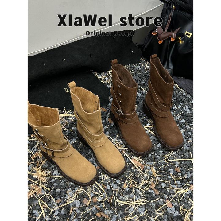 【官网小C&K旗舰店】2025年秋冬新款两穿短靴女翻毛皮中筒靴扣带