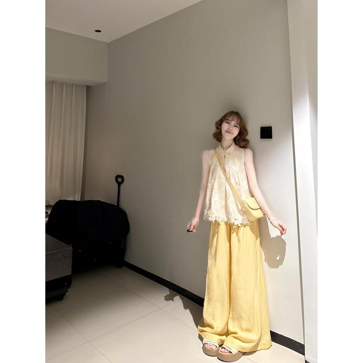 设计感宽松显瘦休闲镂空上衣女夏季国风新中式高腰垂感阔腿裤套装