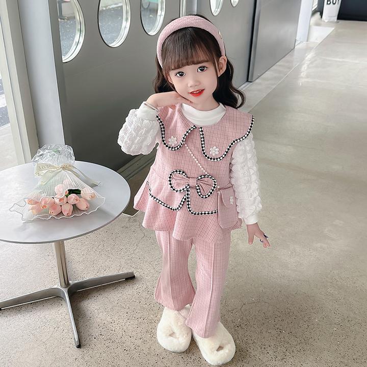 儿童秋冬时髦时尚套头套装千金风女女童小童春秋格子常规小香风女