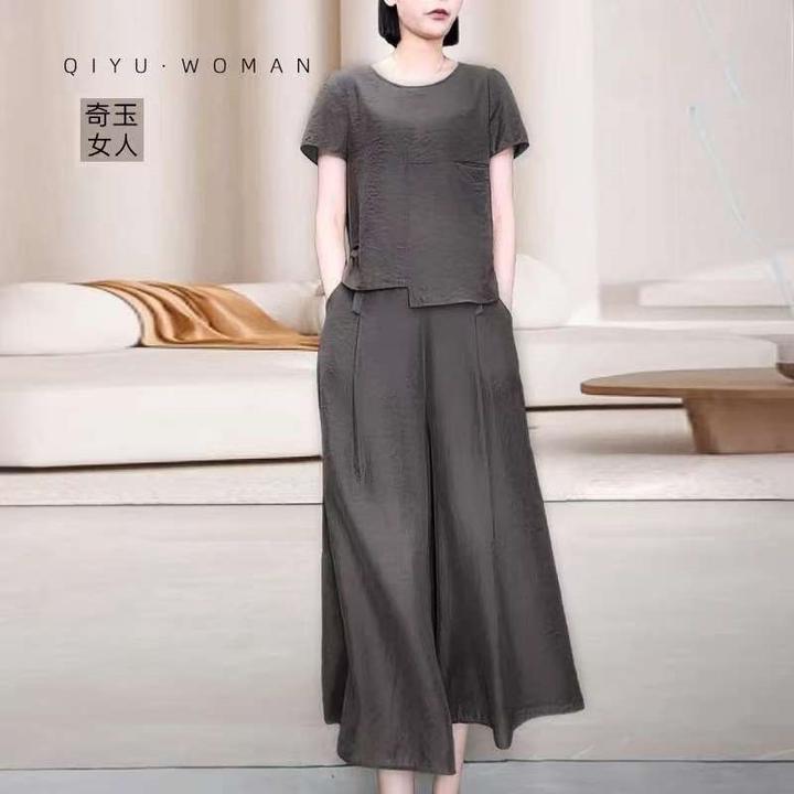 恒源祥彩羊妈妈装夏季时尚妈妈装中年短袖套装纯色上衣阔腿裤两件