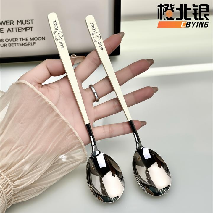 橙北银奶油白不锈钢勺子家用圆头饭勺卡通汤匙调羹西餐长柄咖啡勺