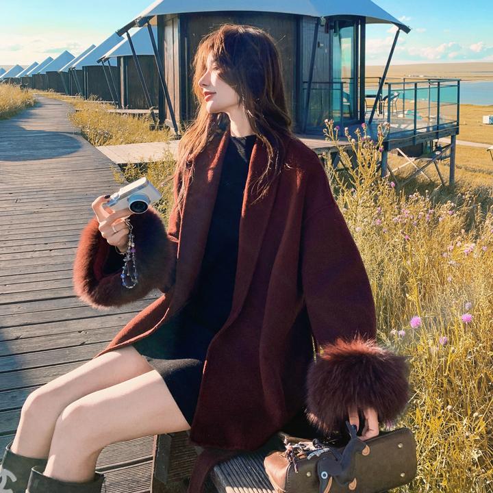 袖口狐狸毛双面呢子大衣女小个子2025冬季新款高级感韩系毛呢外套