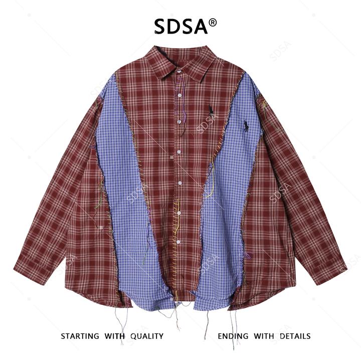 SDSA秋冬新款痞帅男装美式复古拼接格纹缝线长袖衬衫百搭时尚衬衣