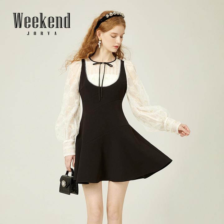 卓雅周末新款气质优雅蕾丝拼接泡泡长袖连衣裙EJWDCU06