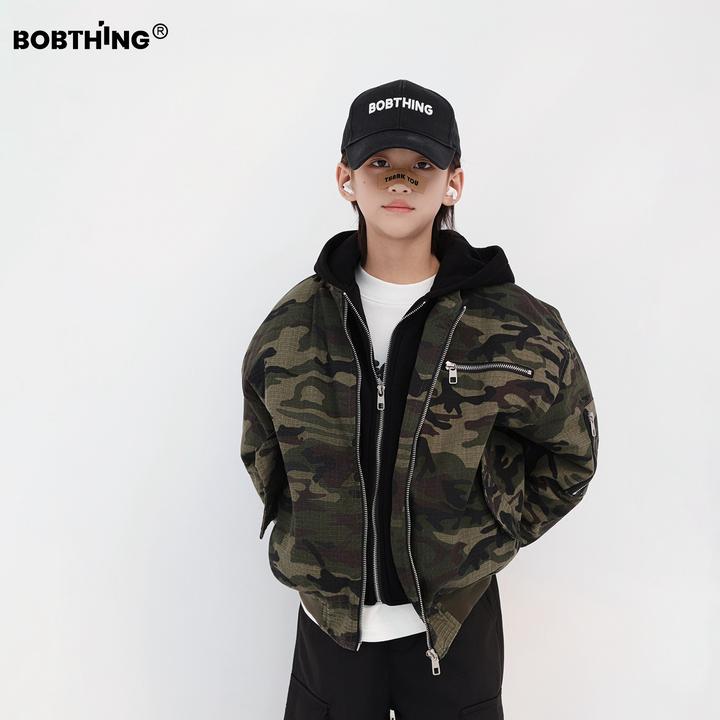 男童冬装假两件迷彩棉服2025新款儿童加厚夹棉外套童装连帽棉衣潮