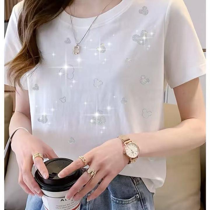 2025夏季女装烫钻短袖T恤韩国进口水晶钻棉百搭显瘦上衣  小米奇