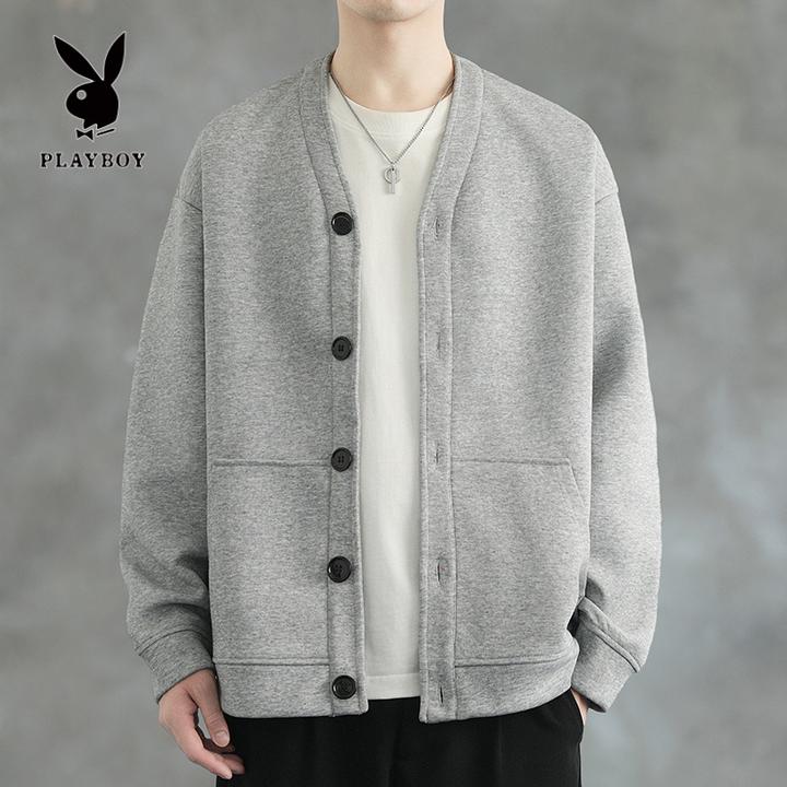 花花公子美式重磅V领开衫卫衣男士春秋长袖潮牌夹克慵懒针织外套