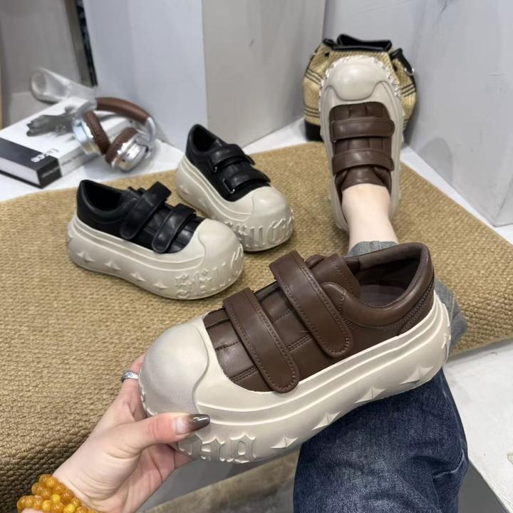 广州欧货【巧克力慕斯】秋季真皮7cm魔术贴洋气复古学院松糕鞋小众