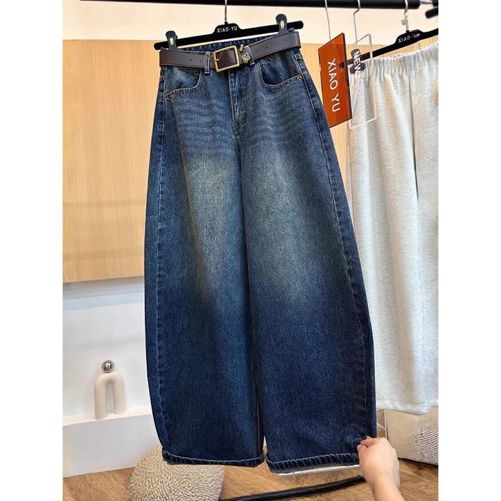 蓝色加绒阔腿牛仔裤女冬季今年流行高腰宽松显瘦刺绣口袋弯刀裤子