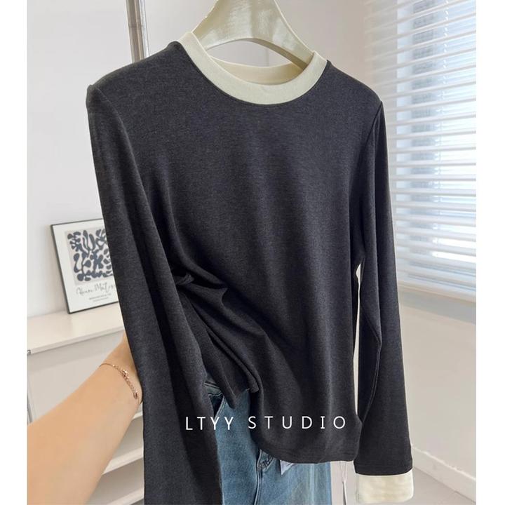 撞色圆领慕斯绒拼接长袖内搭秋冬厚款时尚简约慵懒百搭打底衫上衣