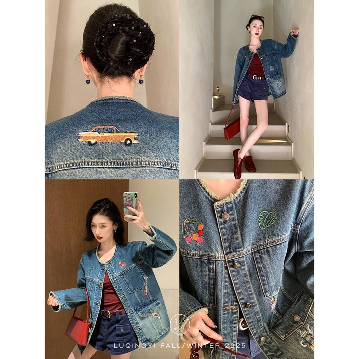 鹭青一原创【时光机】高棉绣花牛仔外套女秋复古圆领 L25W7582BA