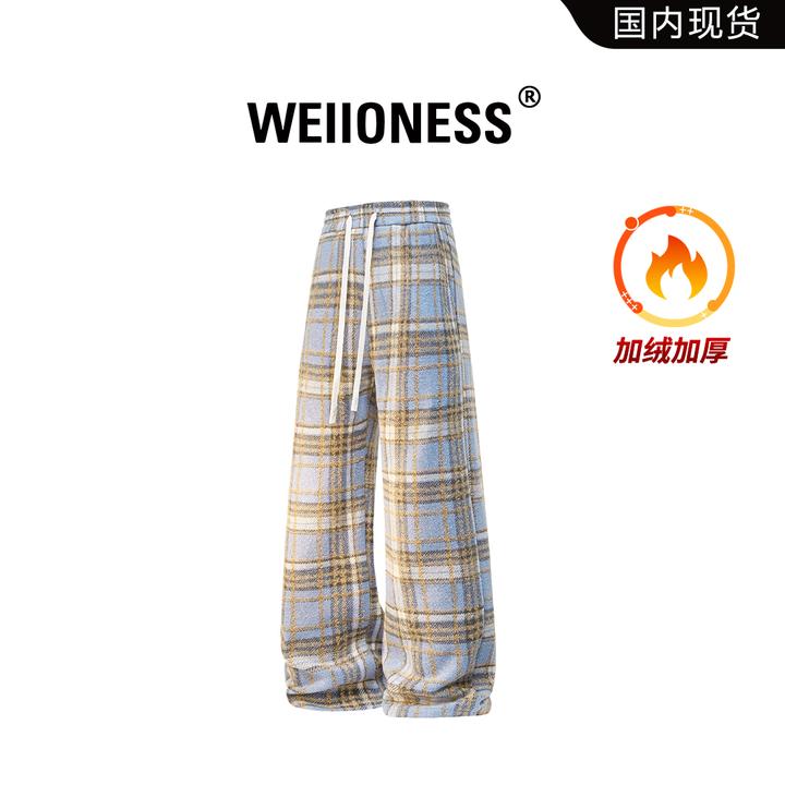 WEIIONESS美式街头潮流男款休闲裤冬季时尚百搭加绒格纹阔腿裤男