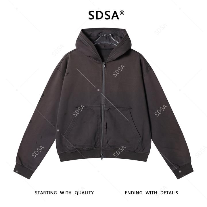 SDSA男士春秋新款痞帅男装破洞拉链连帽短款卫衣潮牌宽松开衫上衣
