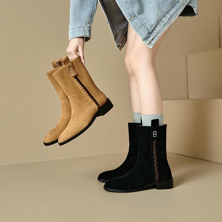 牛翻皮3.5cm～复古低跟舒适百搭中筒靴秋冬新款时尚英伦风女时装靴