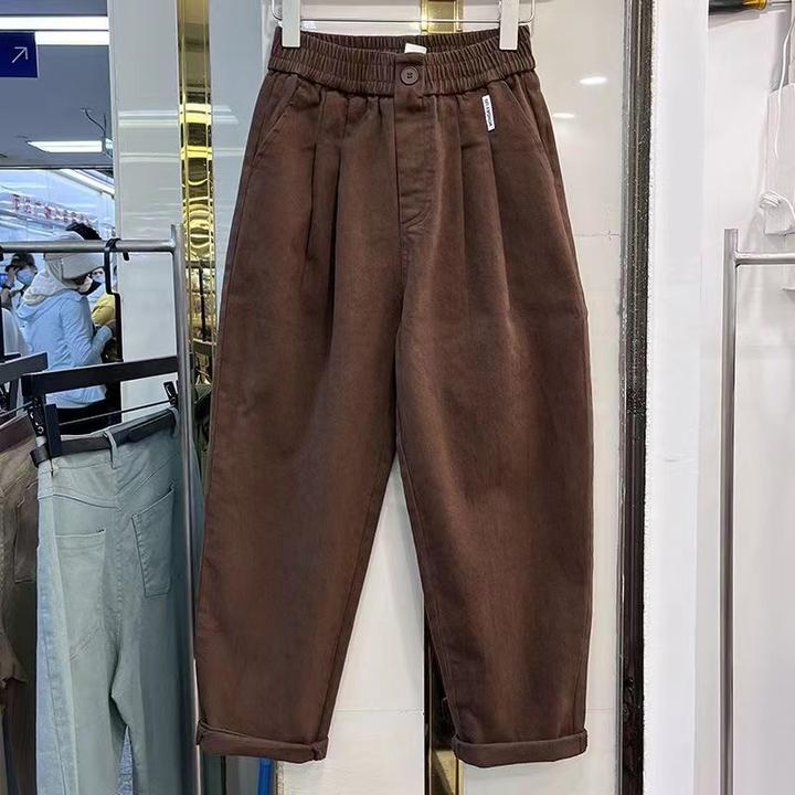 哈伦萝卜裤女日系翻边休闲老爹裤2025秋季新款松紧腰显瘦工装裤子