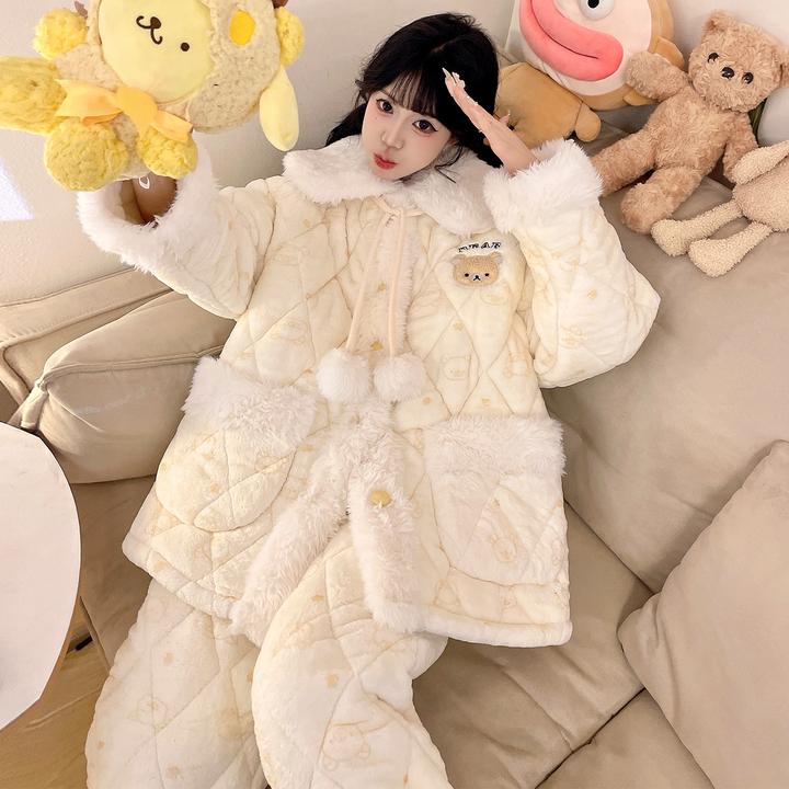 睡衣女款爆款2025新款冬加绒加厚珊瑚绒法兰绒三层夹棉家居服套装