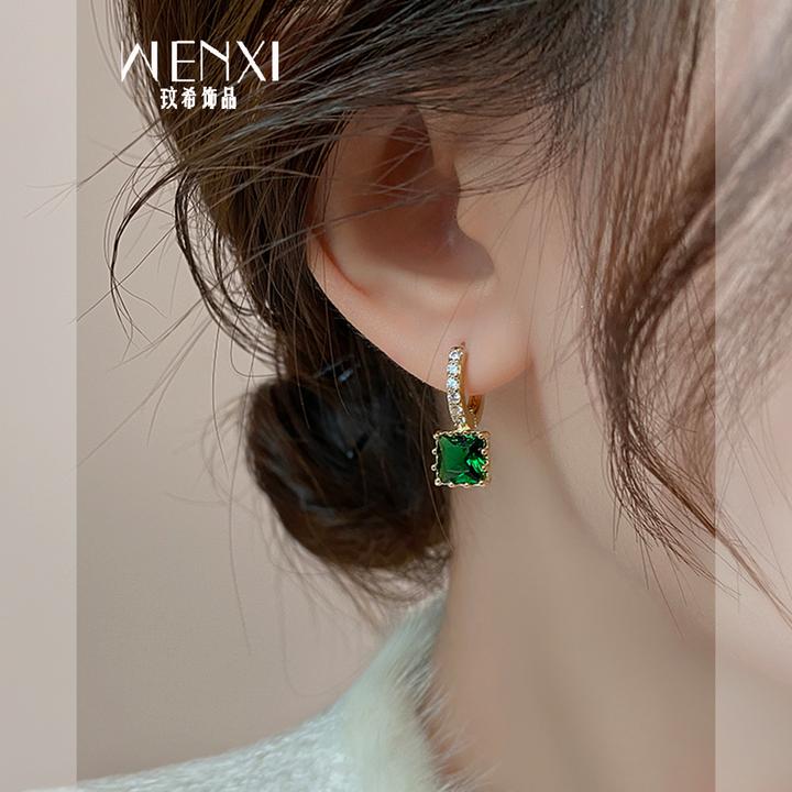 铜合金合成锆石耳饰 精致绿色耳环轻奢高级感女人味耳钉小众耳坠