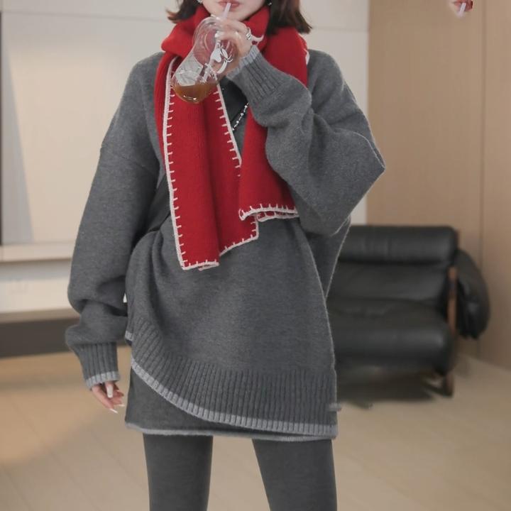 2024冬季新款设计感撞色显瘦高级宽松慵懒毛衣+短裙套装LK2501027