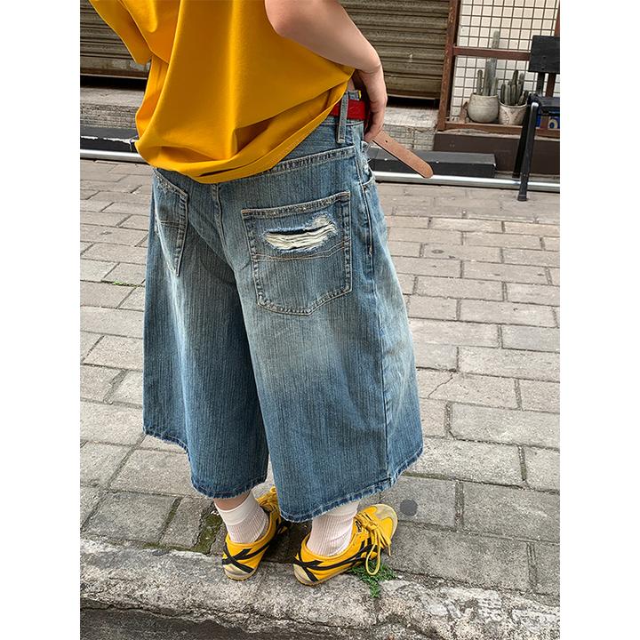 美式复古直筒蓝色七分牛仔裤女夏季2025新款高腰遮跨宽松阔腿裤子