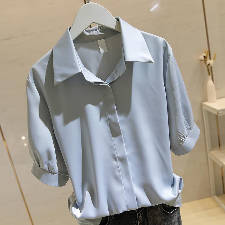 蓝色短袖衬衫女2025夏季新款法式宽松显瘦缎面垂感暗门襟衬衣上衣