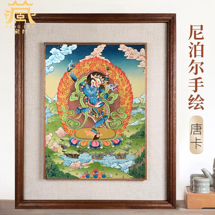 藏村尼泊尔手绘《狮面空行母唐卡》室内家用狮头金刚墙壁玄关装饰画