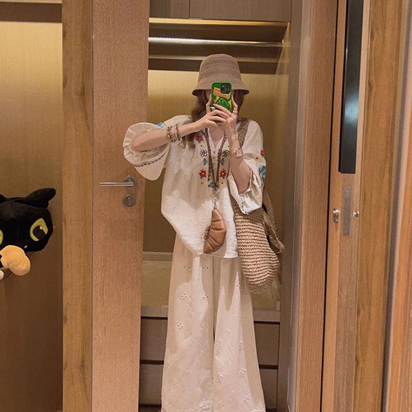 2025夏季新款波西米亚风重工刺绣衬衫上衣搭配阔腿裤显瘦两件套女