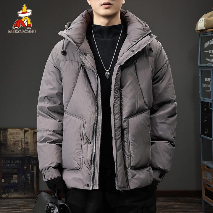 Mexican/稻草人冬季90白鸭绒工装羽绒服男款加厚假两件连帽外套潮